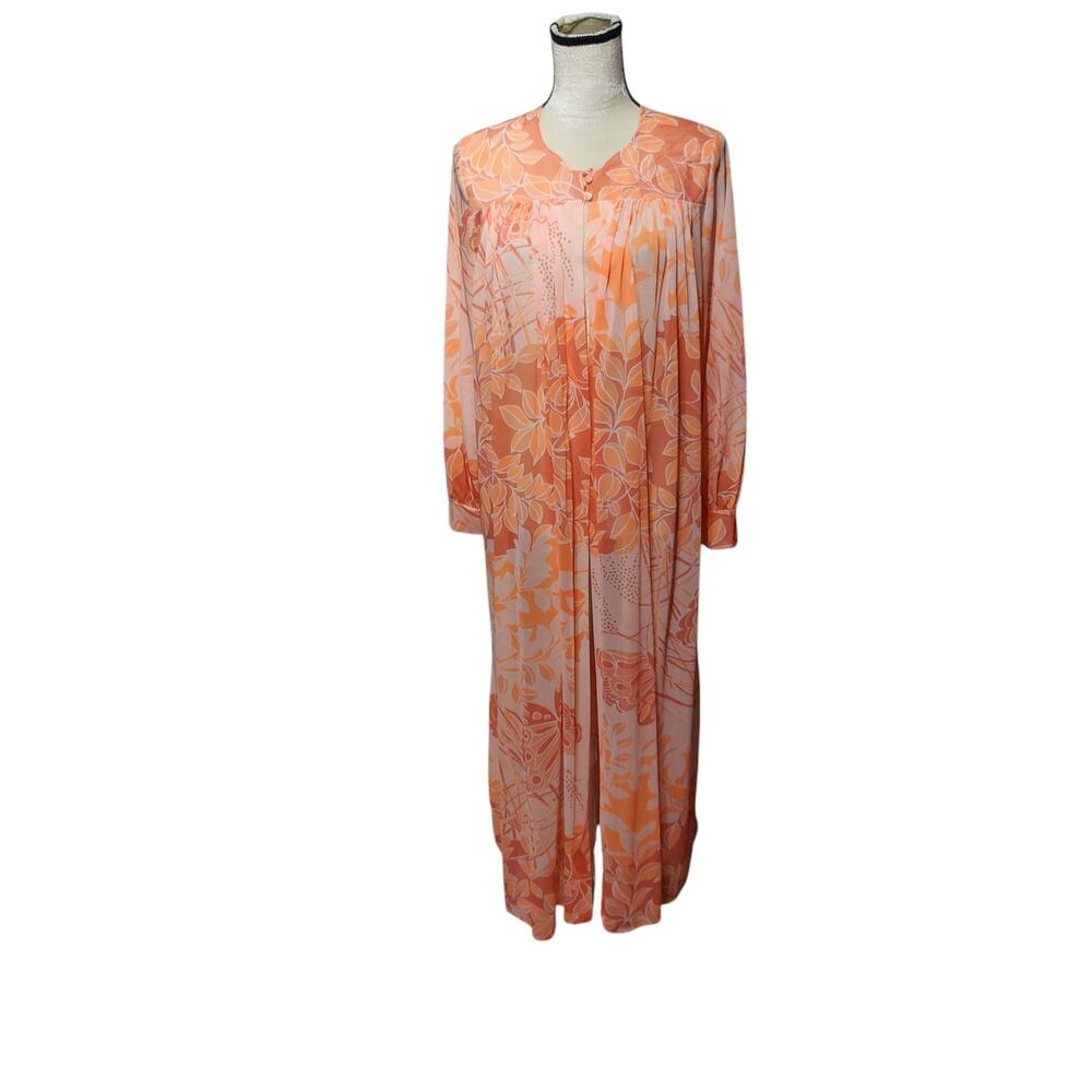 Vintage 60s Miss Elaine Marc Women's Neon Pink Mod Robe Tropical Butterfly Sheer